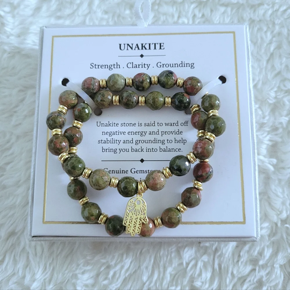 Shivam Unakite Stretch Bracelet Duo✌️ with Hamsa🤚Charm - NIB - Picture 2 of 15